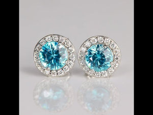 14K White Gold Blue Zircon Diamond Halo Stud Earrings 1.31cts
