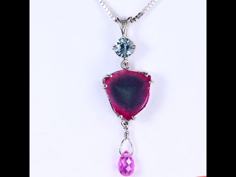 14k White Gold Watermelon Tourmaline with Pink Sapphire and Grey Spinel Pendant