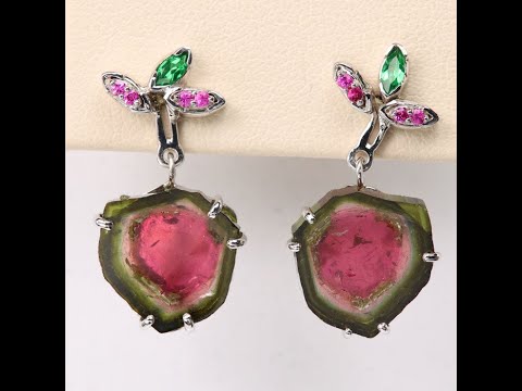 14K White Gold Watermelon Tourmaline, Tsavorites and Sapphire Stud Earrings 9.86 Carats