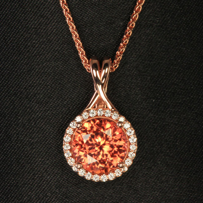14K Rose Gold Round Gold Imperial Zircon and Diamond Halo Pendant