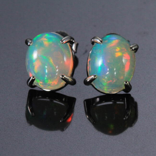 14K White Gold Oval Cabochon Opal Stud Earrings