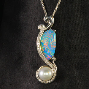 14K White Gold Seahorse Australian Opal and Pearl Pendant