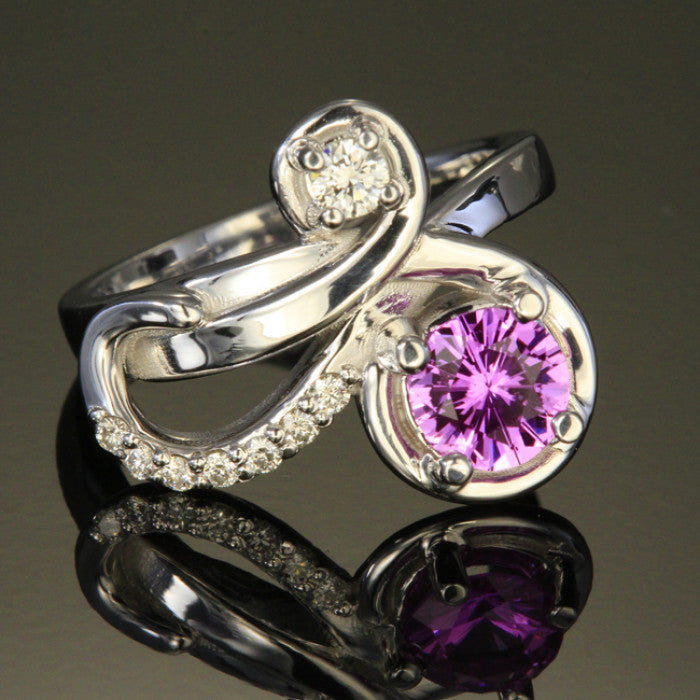 14K White Gold Round Pink Sapphire Ring with Diamonds
