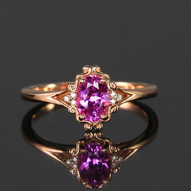 14K Rose Gold Oval Pink Sapphire and Diamond Ring