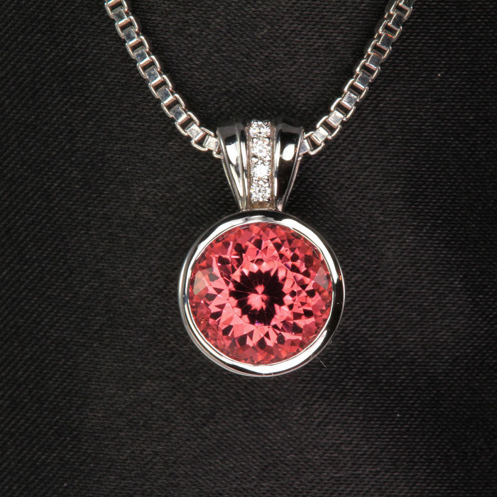 14K White Gold PInk Bezel Portuguese Cut Tourmaline Pendant 4.97 Carats