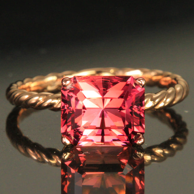 14K Rose Gold Barion Style Emerald Cut Pink Tourmaline Ring
