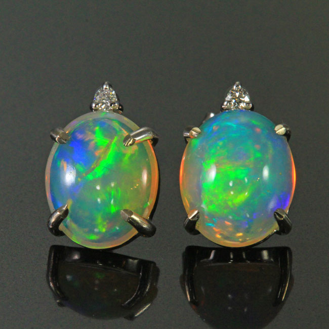 14K White GOld Oval Cabochon Opal Stud Earrings with Diamonds